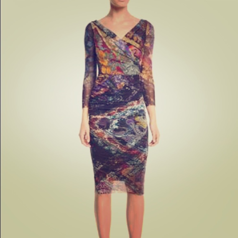 Fuzzi 3/4-Sleeve Printed Body-Con Tulle Dress